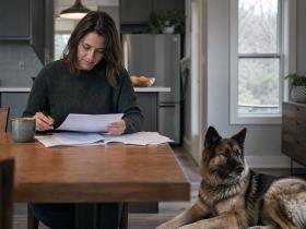 Owner reviewing paperwork at a kitchen table while a large shepherd mix rests nearby