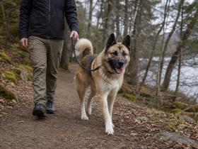 Akita Shepherd mix walking on a loose leash along a wooded trail