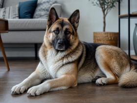 Akita Shepherd lying on a living room floor and looking toward the camera