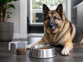Stainless food bowl with measured kibble beside a measuring cup on a kitchen floor
