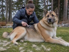 Akita Shepherd mix being brushed outdoors with loose undercoat visible on the grass