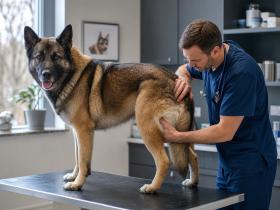 Large Akita Shepherd mix standing on an exam table while a veterinarian checks its hips
