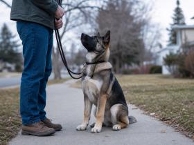 Akita Shepherd puppy sitting on a sidewalk and looking up at its handler
