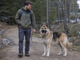 Tall double-coated Akita Shepherd standing beside its owner on a walking trail