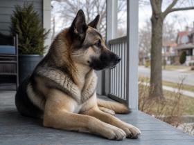 Akita Shepherd resting on a front porch while watching the street