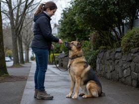 Handler rewarding a leashed Akita Shepherd mix for sitting calmly on a quiet sidewalk