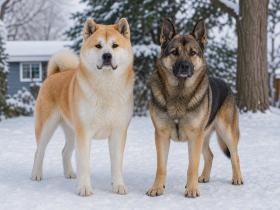 An Akita and a shepherd-type mixed breed dog standing side by side in a snowy yard