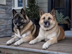 Two large double-coated mixed breed dogs resting on a porch, one dark-masked and one lighter