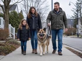 Family walking a leashed Akita Shepherd along a quiet suburban sidewalk