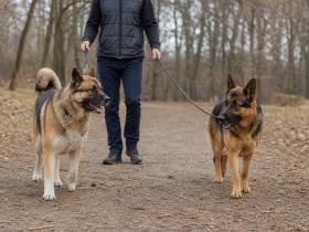 Two large dogs walking on leash at a calm distance from each other in a park