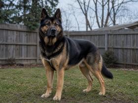 Large black and tan Akita German Shepherd mix standing alert in a fenced backyard